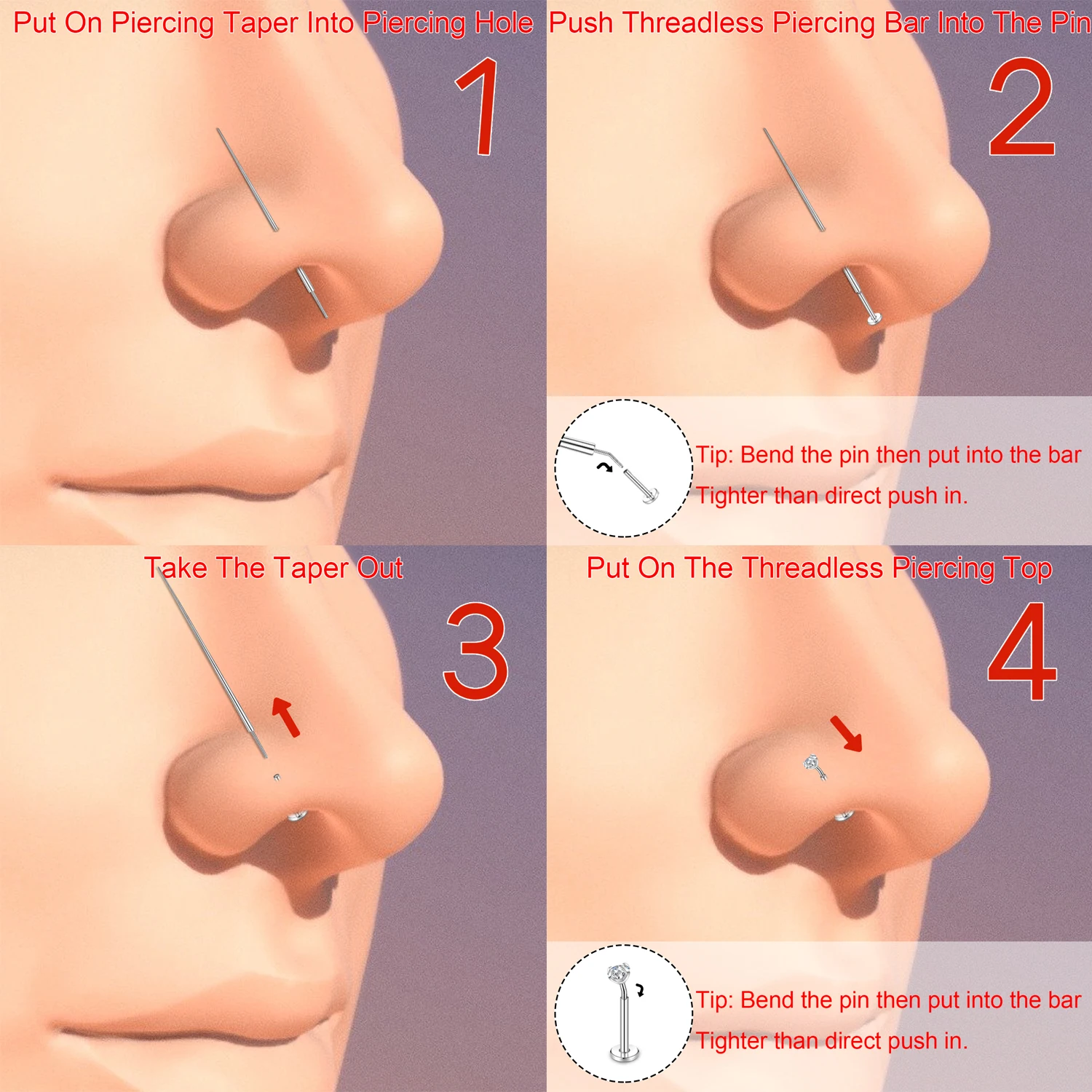 Titanium Nose Piercing Taper Insertion Pin, 14G-18G