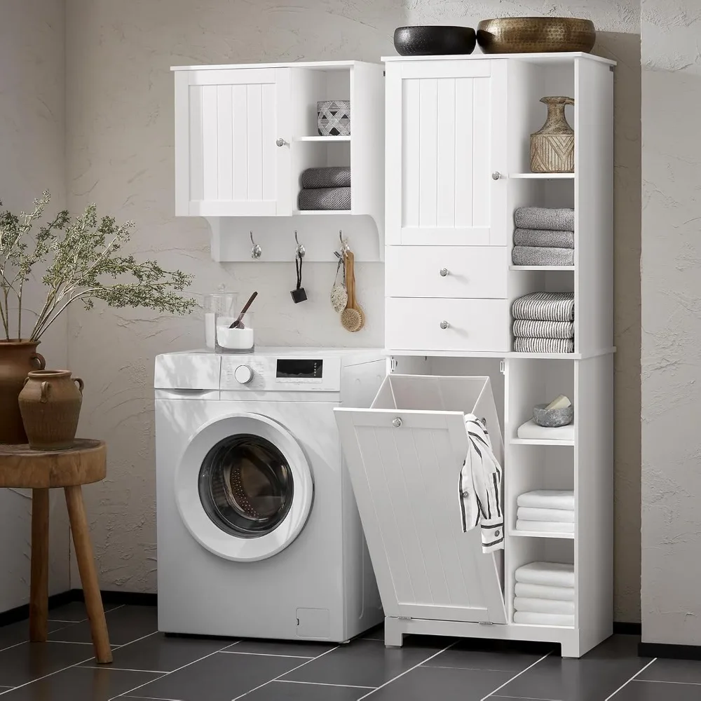 

Tall Laundry Closet Freestanding Storage Cabinet with Detachable Basket Narrow Storage Cabinet for Bathroom Laundry White