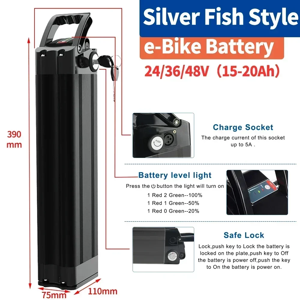 

Silverfish Efficient Lithium 48V 36V 24V 15A 20A 800W 500W Lithium Ion Long endurance 18650 Battery Pack+ Charger