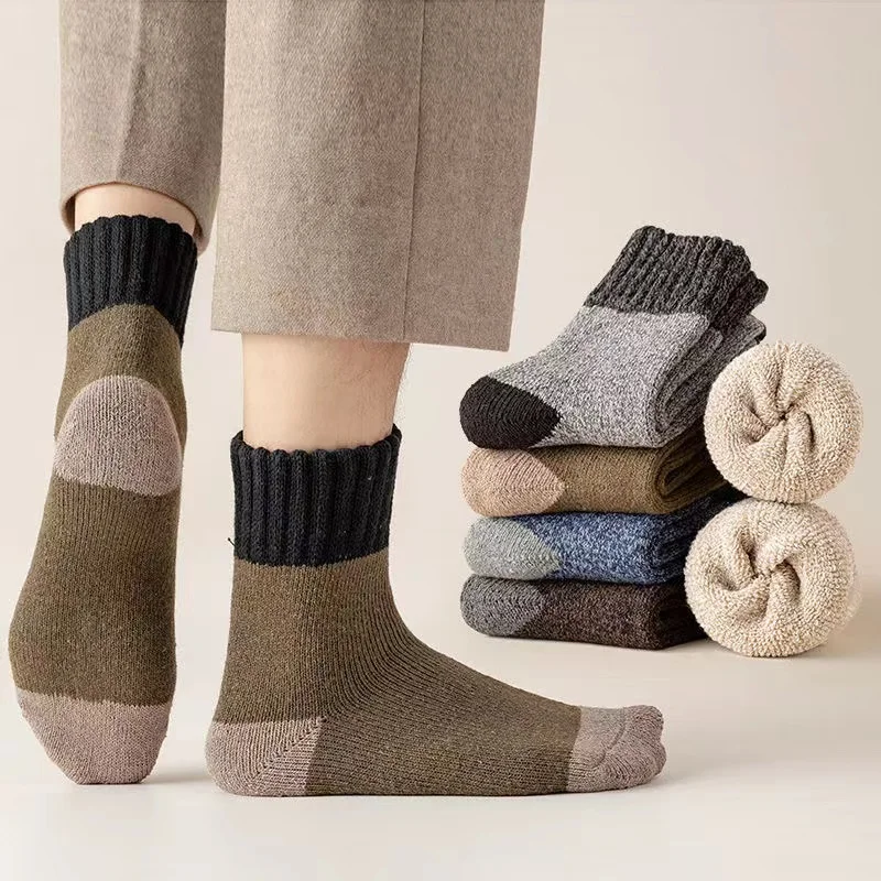 5 paires/lot de chaussettes en laine pour hommes, chaussettes chaudes d\'hiver en éponge Super épaisse, Style à la mode, chaussettes à Tube moyen,