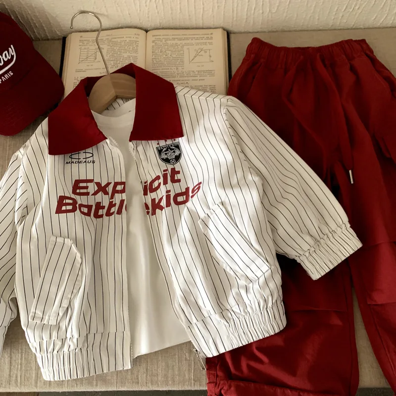 

Boys Girls Jacket Coats 2025 Autumn Spring Vintage Loose Casual White Striped Patchwork Baseball-style Collared Jacket Coats