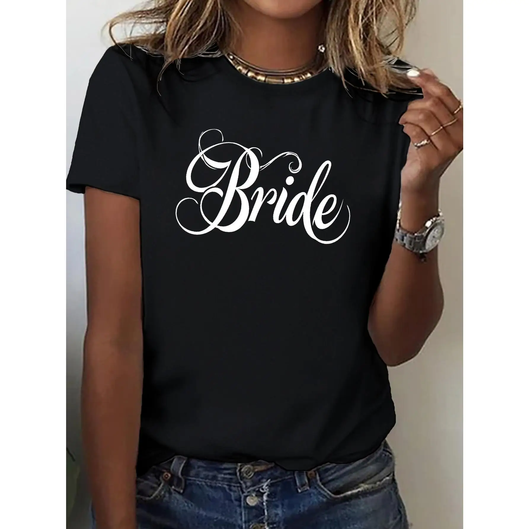 

Bridal Letter Print Crew Neck T-Shirt, Spring/ Summer Casual Short Sleeve Top, Women's Clothing