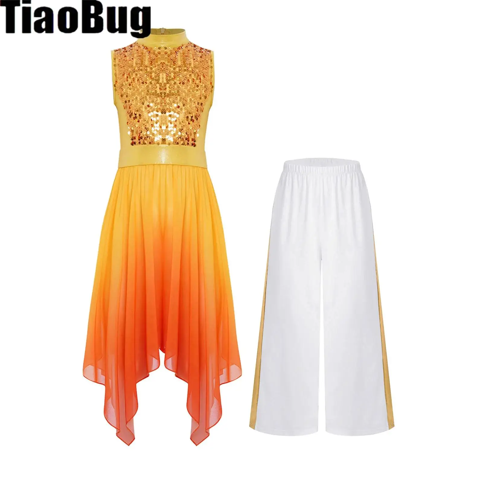 

Girls Liturgical Praise Dance Outfit Sleeveless Sequin Bodice Church Choir Worship Dress with Metallic Wide-Leg Pants Costume