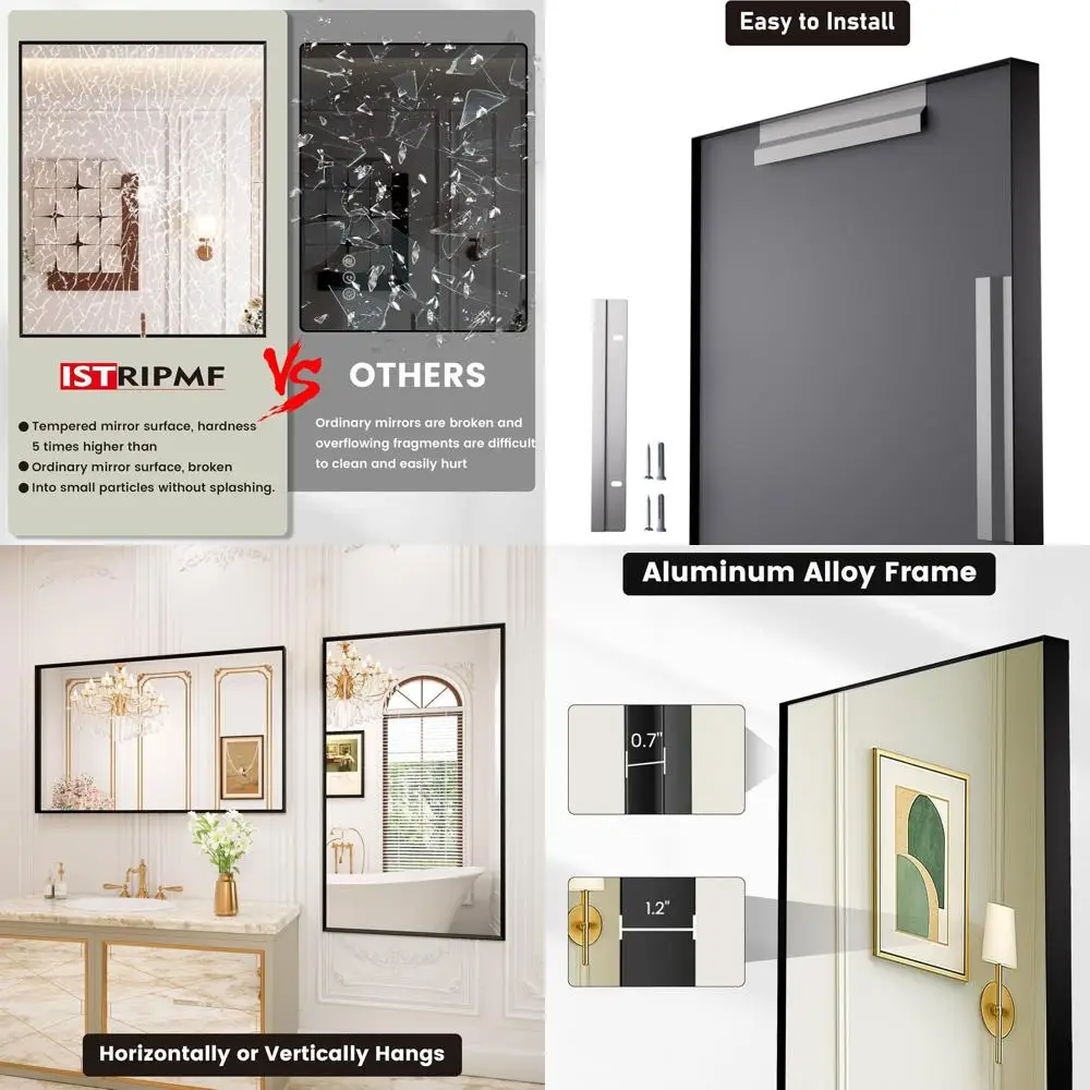 

30x50 Inch Black Vanity Mirror with Tempered Glass, Rust-Resistant, Suitable for Bathroom, Bedroom, and Entryway