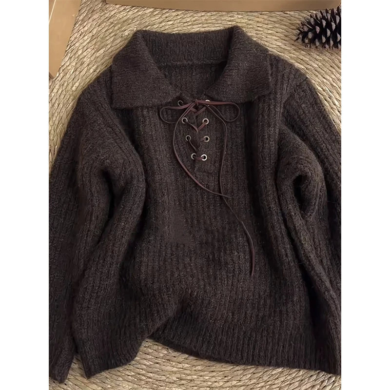 

MEXZT Vintage Sweater Women Harajuku Lace Up Knitted Pullovers Streetwear Korean Knitwears Winter Long Sleeve Casual Jumpers New