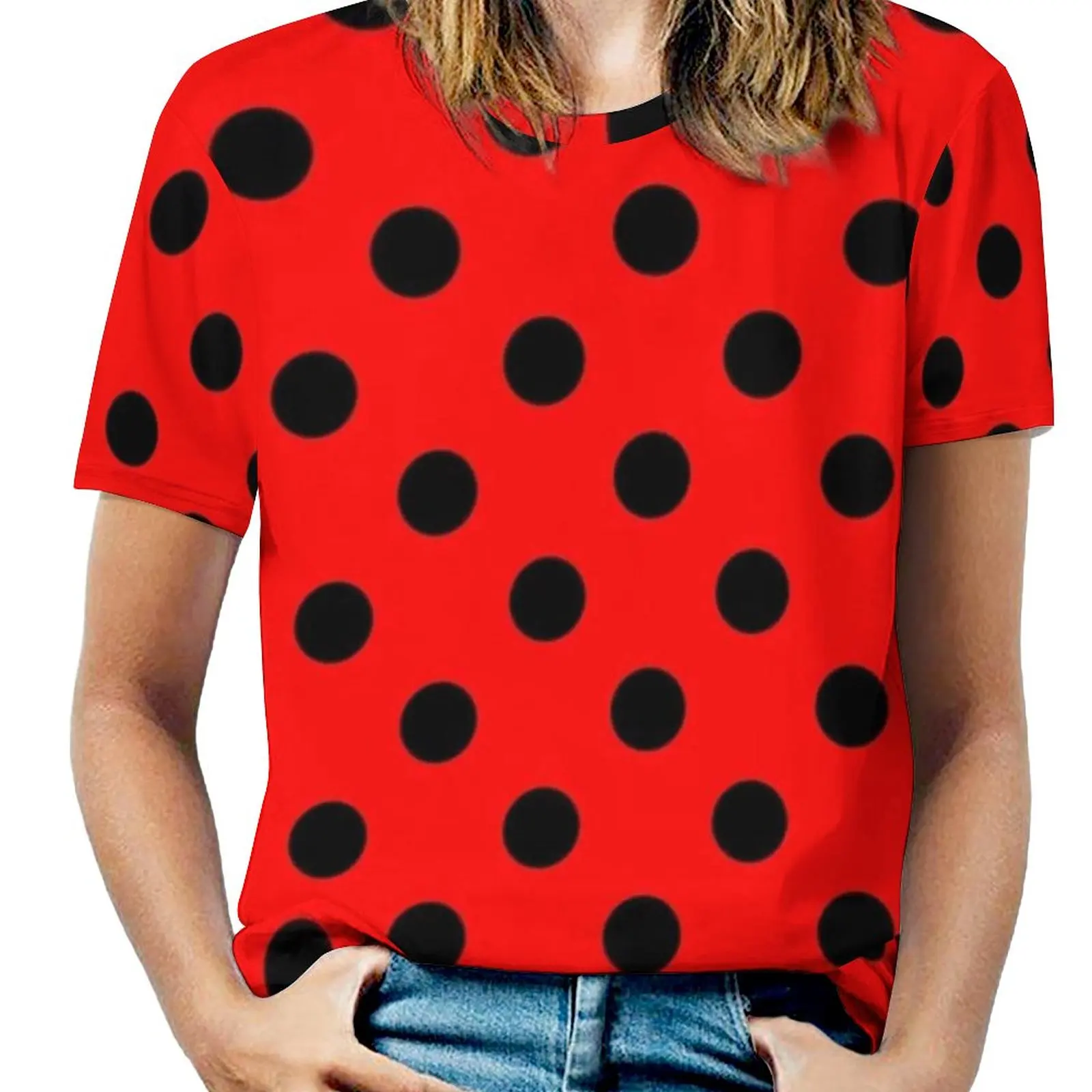 Pois rossi e neri | Modello | Halloween Outfit Women Zipper Sexy T-Shirt Vintage stampate top T-Shirt con stampa completa