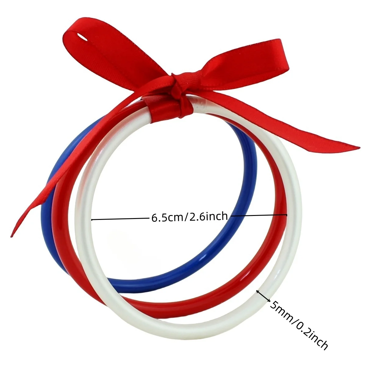 2 sets of Independence Day jelly bracelets, 1 set of 3 July 4th shiny bracelets with bows, red, white, and blue jelly bracelets