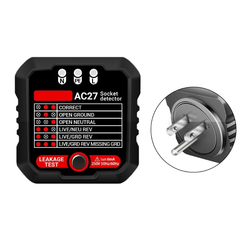 Socket Tester Spanningstest RCD30mA Socket Detectors Grounds LinePlug