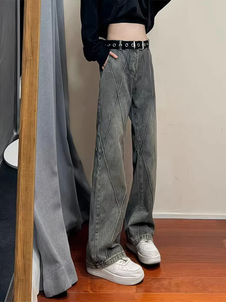 

Мужские джинсы American High Street Vibe, осень-зима, винтажные синие лоскутные утягивающие прямые длинные брюки с синей талией