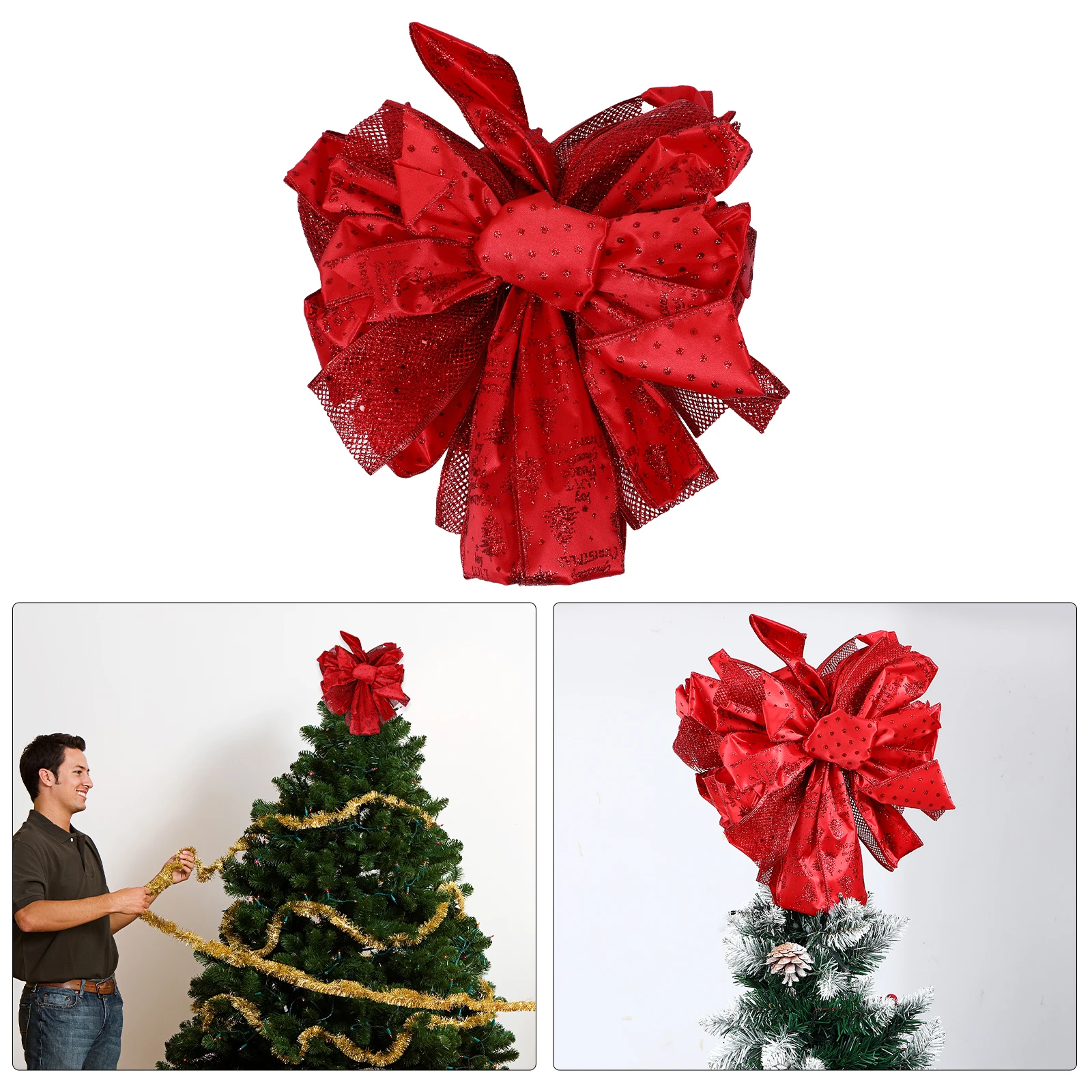 

Christmas Tree Top Bow Xmas Topper Red Bowknot Decor Decoration Polyester Home Party