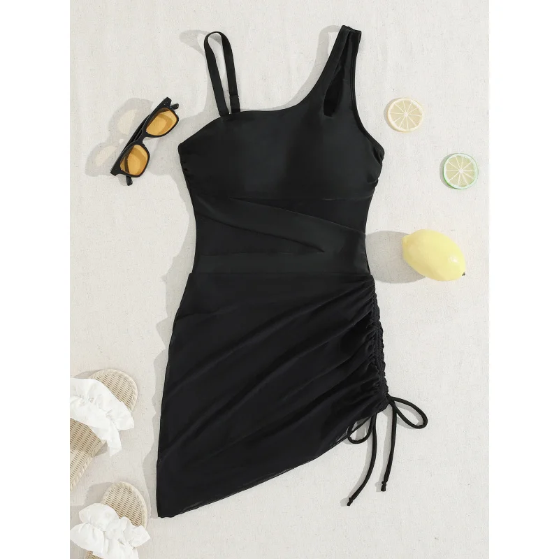 2025Popular Sports Swimsuit Drawstring Bag Chest Pad Ladies' Mesh Stitching Sexy One Piece Swimsuit Suit