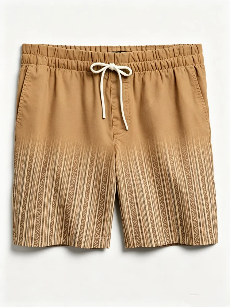 Men Khaki Gradient Vertical Ethnic Stripe Drawstring Waist Casual Shorts With Side Pockets