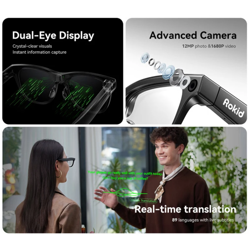 Rokid Glasses AI Smart Glasses Dual-eye Display 12MP Camera 89 Languages Live Translation Hi-Fi Open-ear Audio