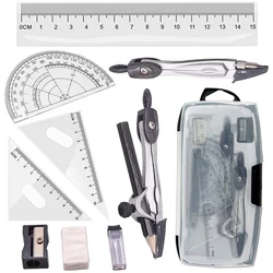 Geometria Compass Set para Estudantes, Matemática Escolar, Transferidor Set, Réguas, Engenharia, Carry Case, Cinza, 10Pcs