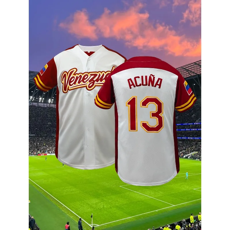 

Men's #13 Venezuela Color Block Baseball Jersey Classic Retro Letter Embroidery Breathable Sportswear Short Sleeve T-Shirt