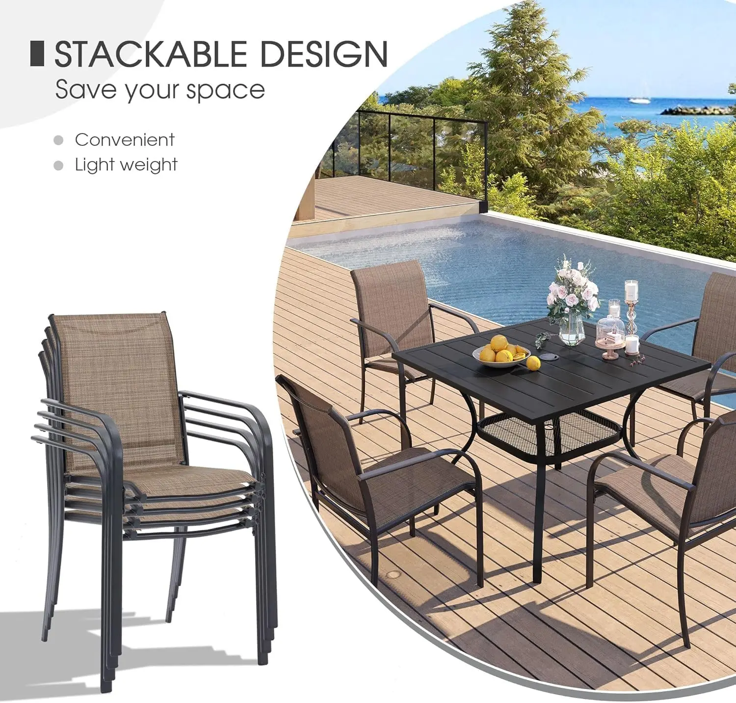 5 Pieces Patio Dining Set, Outdoor Furniture Set Includes 1 Square Patio Table and 4 Stackable Patio Sling Chairs, Outdoor Table