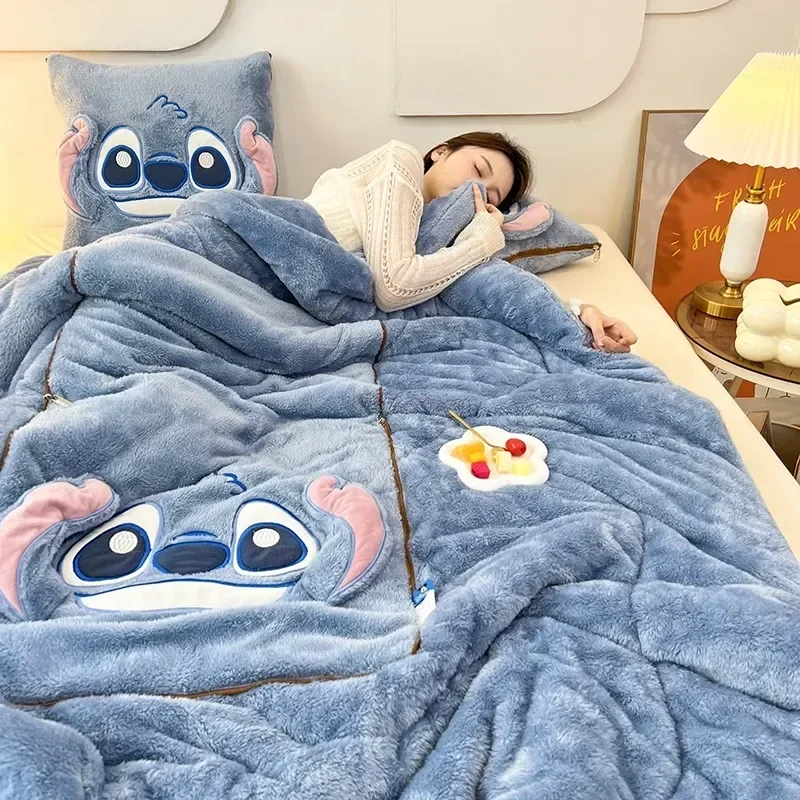 Stitch Disney Blanket Winter New Stitch Mickey Mouse Embroidered Pillow Blanket 2-in-1 Sofa Office Nap Blanket Christmas Gifts