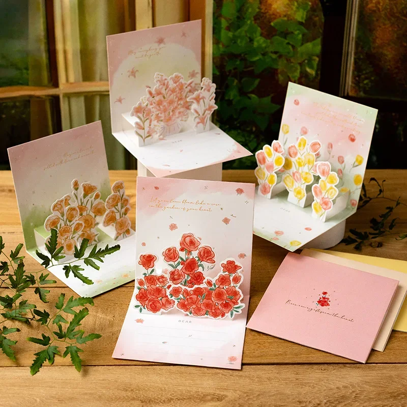 Pop up style 3D bouquet greeting card  gratitude and blessings high-end handwritten letter envelope set birthday small card gift