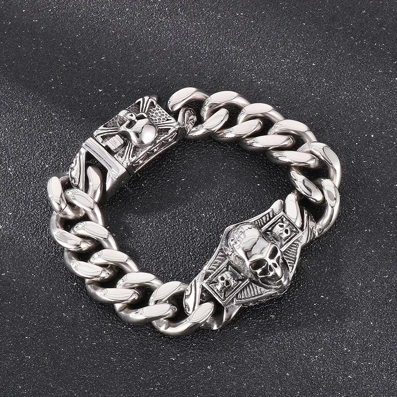 

Fongten 21cm Gothic Skeleton Charm Bracelet For Women Cuban Chain Stainless Steel Bracelet Men Bangle Silver Color Wrist Jewelry