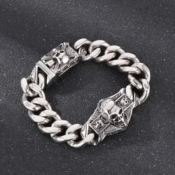 Fongten 21cm Gothic Skeleton Charm Bracelet For Women Cuban Chain Stainless Steel Bracelet Men Bangle Silver Color Wrist Jewelry