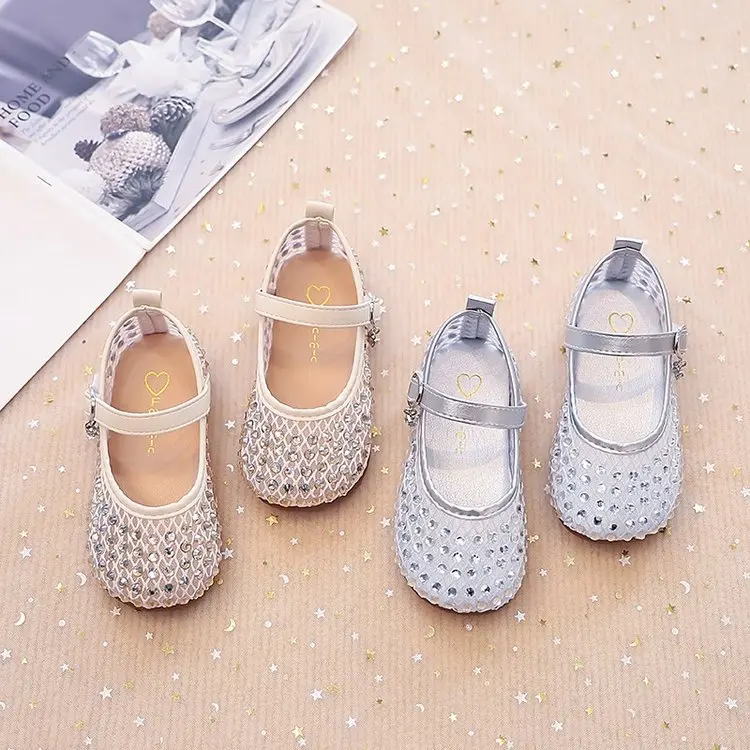 Summer Breathable Lace Mesh Ballet Flats Kids Girls Luxury Brand Design Crystal First Walkers Shoes Baby Children Bling Zapatos