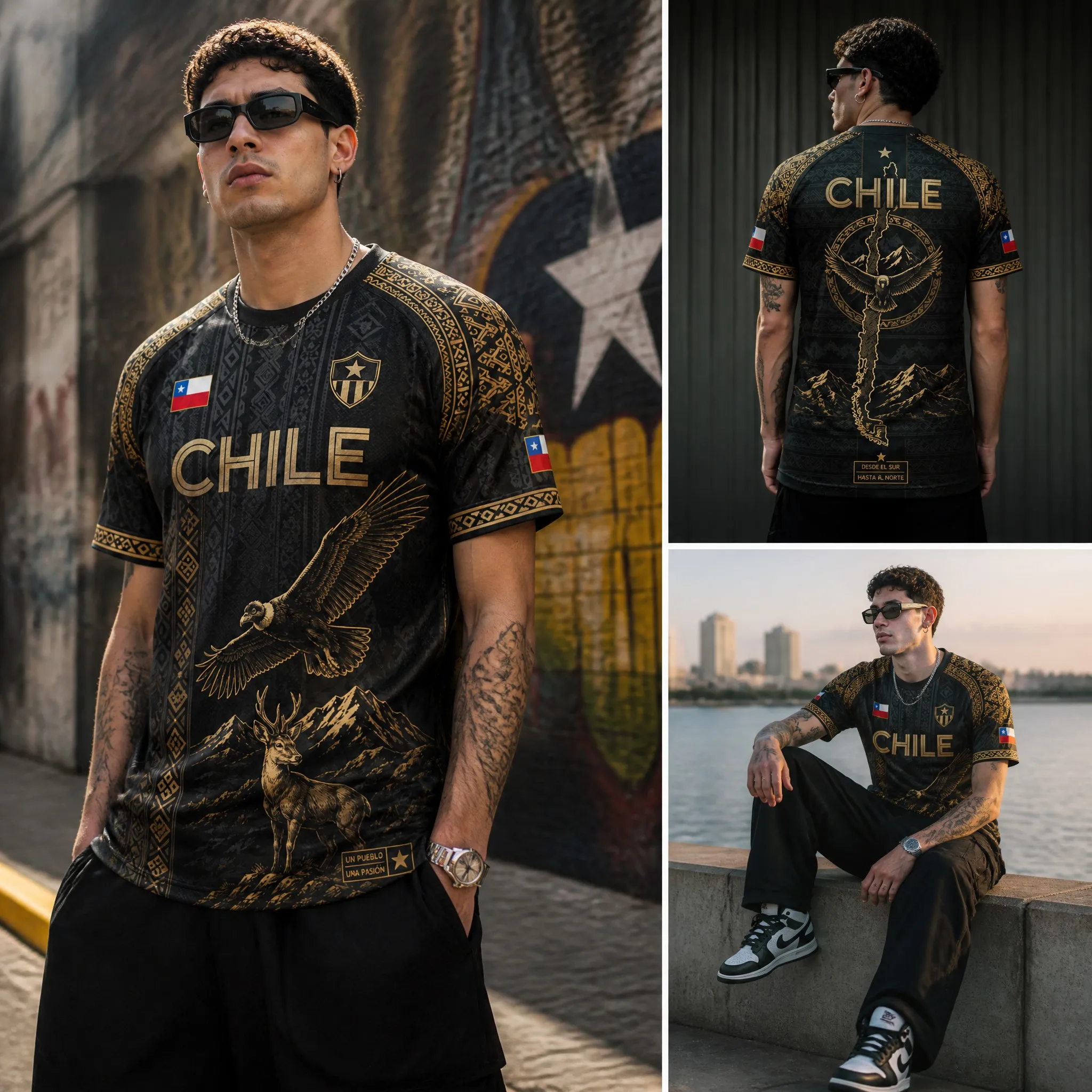 Mens Crew Neck Tee Shirt Chile Black Gold Eagle Deer Mountain Graphic Short Sleeve Casual Street Outdoor Team Style Top Wear Tee