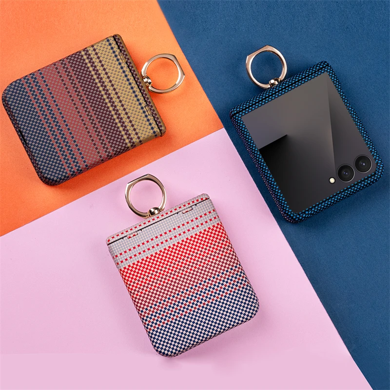 

With Film Carbon Fiber Leather Ring Stand Phone Case for Samsung Galaxy Z Flip 7 6 5 Flip7 FE for Magsafe Magnetic Back Cover