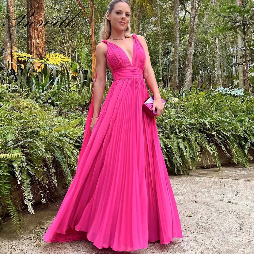 

Bowith Ярко-розовые шифоновые плиссированные вечерние платья с глубоким v-образным вырезом трапециевидной формы без рукавов платья для выпускного вечера по индивидуальному заказу женские вечерние платья женские