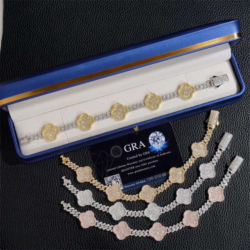 Hiphop 6mm Full Moissanite Clover Cuban Chain Bracelet for Women Men Rock Jewelry 925 Silver Shine Diamond Miami Link Bracelets