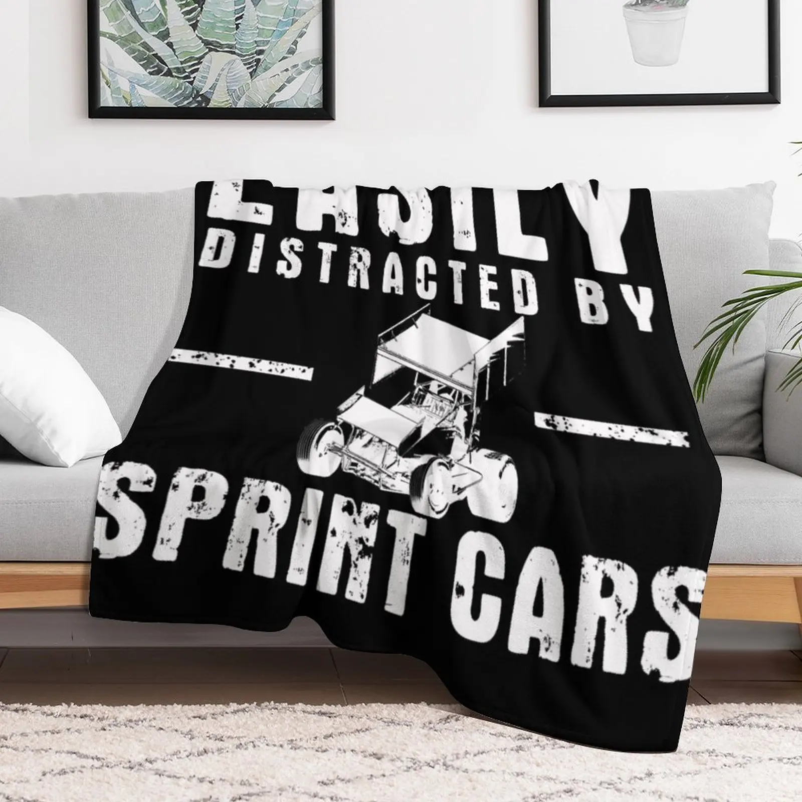 Easily Distracted By Sprint Cars v2 (White) Throw Blanket Loose blankets and throws blankets ands Blankets