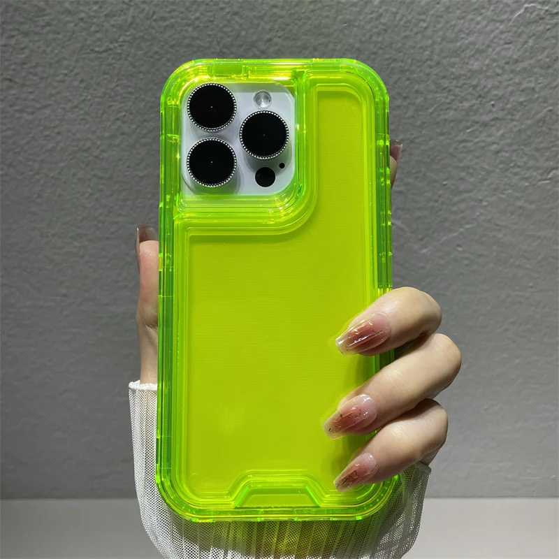 3 IN 1 Neon Color Transparent Shield Armor Shockproof Bumper Case For iPhone 16 14 15 13 15 Pro Max Clear Hard Protective Cover