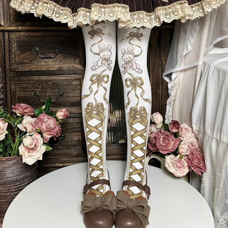 60D женские колготки с высокой талией, эластичные чулочно-носочные изделия для девочек, колготки в стиле Лолиты для косплея, осенне-весенние бархатные чулки с принтом кролика