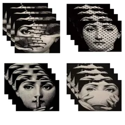 1/4/6/8pcs Linen Square Placemats Pretty Girl Pattern Mat Black White Art Western Food Coffee Mat Hotel Table Pad Room Decor