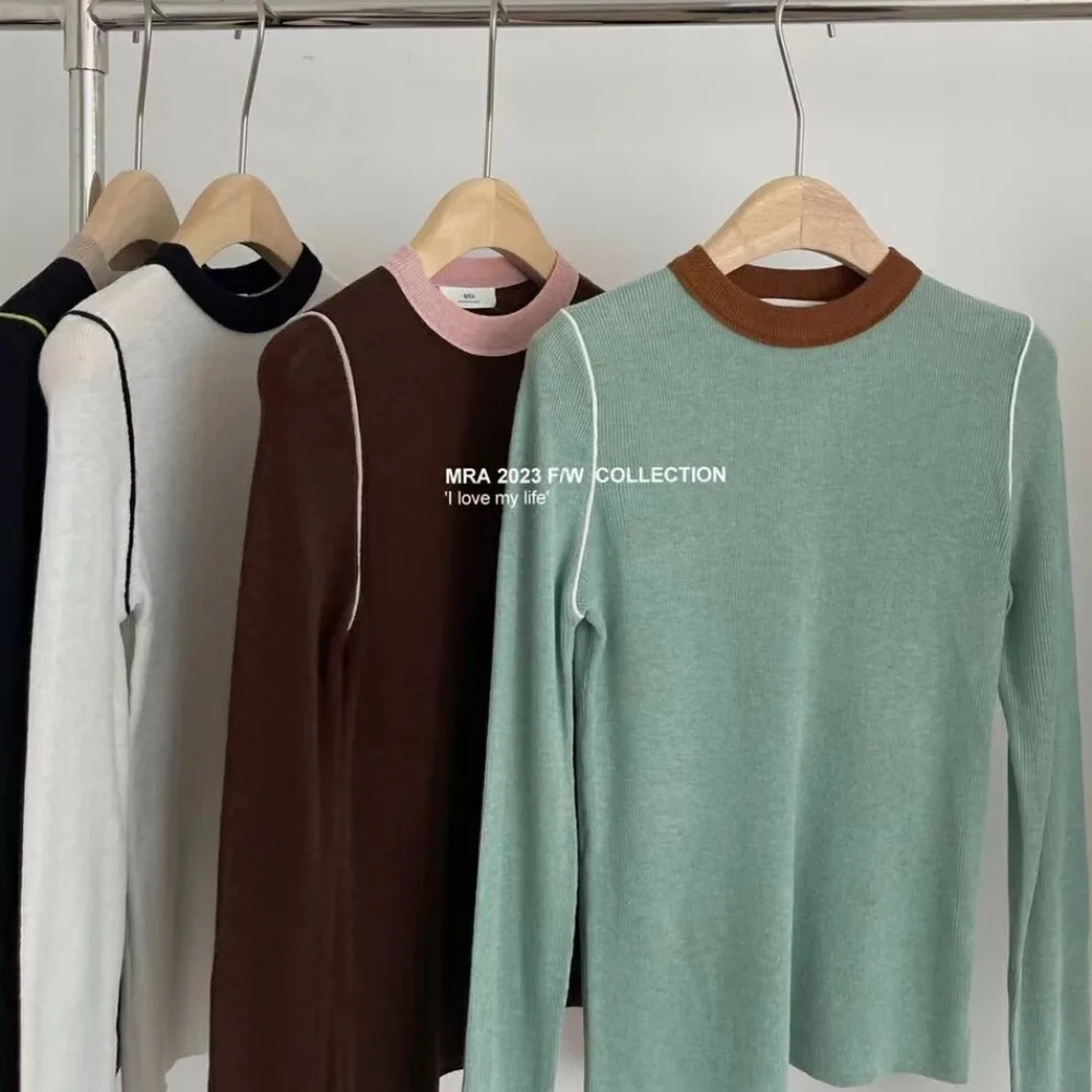 Autumn Winter Knitted Tops for Women Crewneck Slim Interior Overlapping Tees Tshirts Pullovers Jumpers 2023