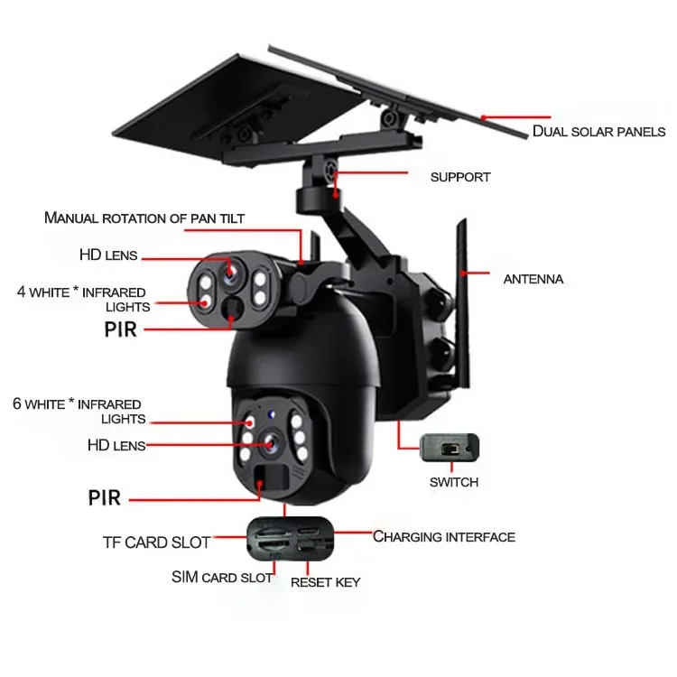 야외 무선 와이파이 스포트 라이트 알람 AI 감지 CCTV 양방향 토크 카메라, 6mp, 4G 태양광 발전, H.265