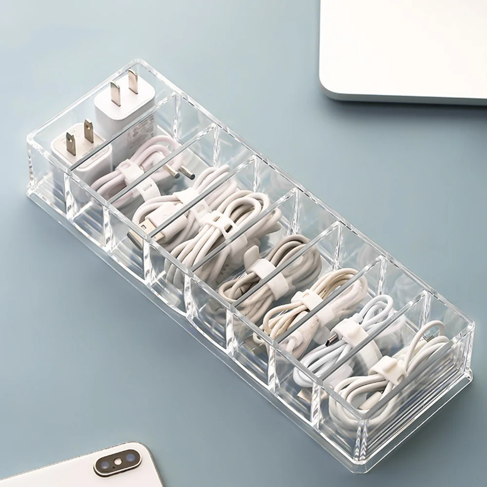 1 Pc Data Cable Storage Box 8 Grids Desktop Transparent Plastic Mobile Phone Charger Charging Cable Finishing Box Without Cover