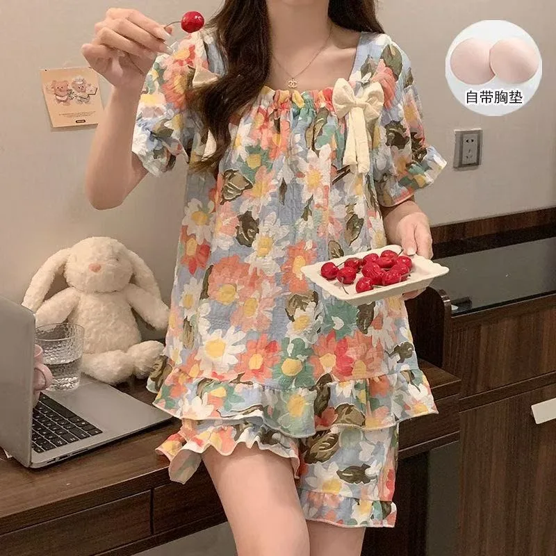 Frühling Sommer Pyjama Nachthemd Damen Loungewear Kurzarm mit Brustpolster Dünner Niedlicher Lockerer Pyjama Auch für Draußen Tragbar Damen Mädchen Loungewear