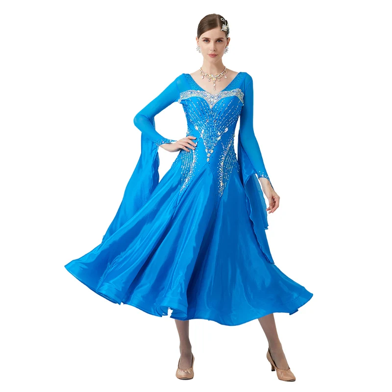 

B-23014 New Women Modern Dance Rhinestone Color Diversity Dress Ballroom National Standard Waltz Competition Performance