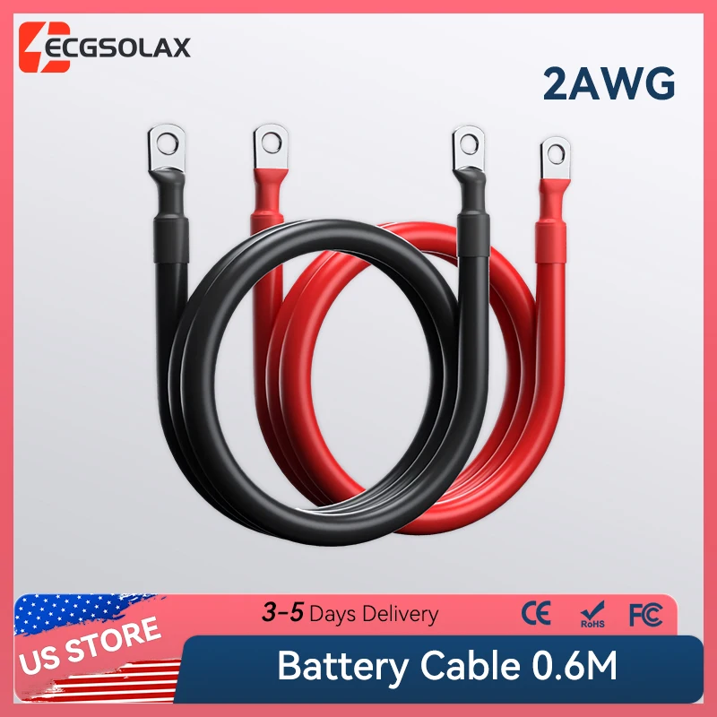 ECGSOLAX 2AWG Soft Battery Connection Cable Stranded Copper Wire With Heavy Duty M10 Lug For Inverter Car Solar UPS Marine Boat