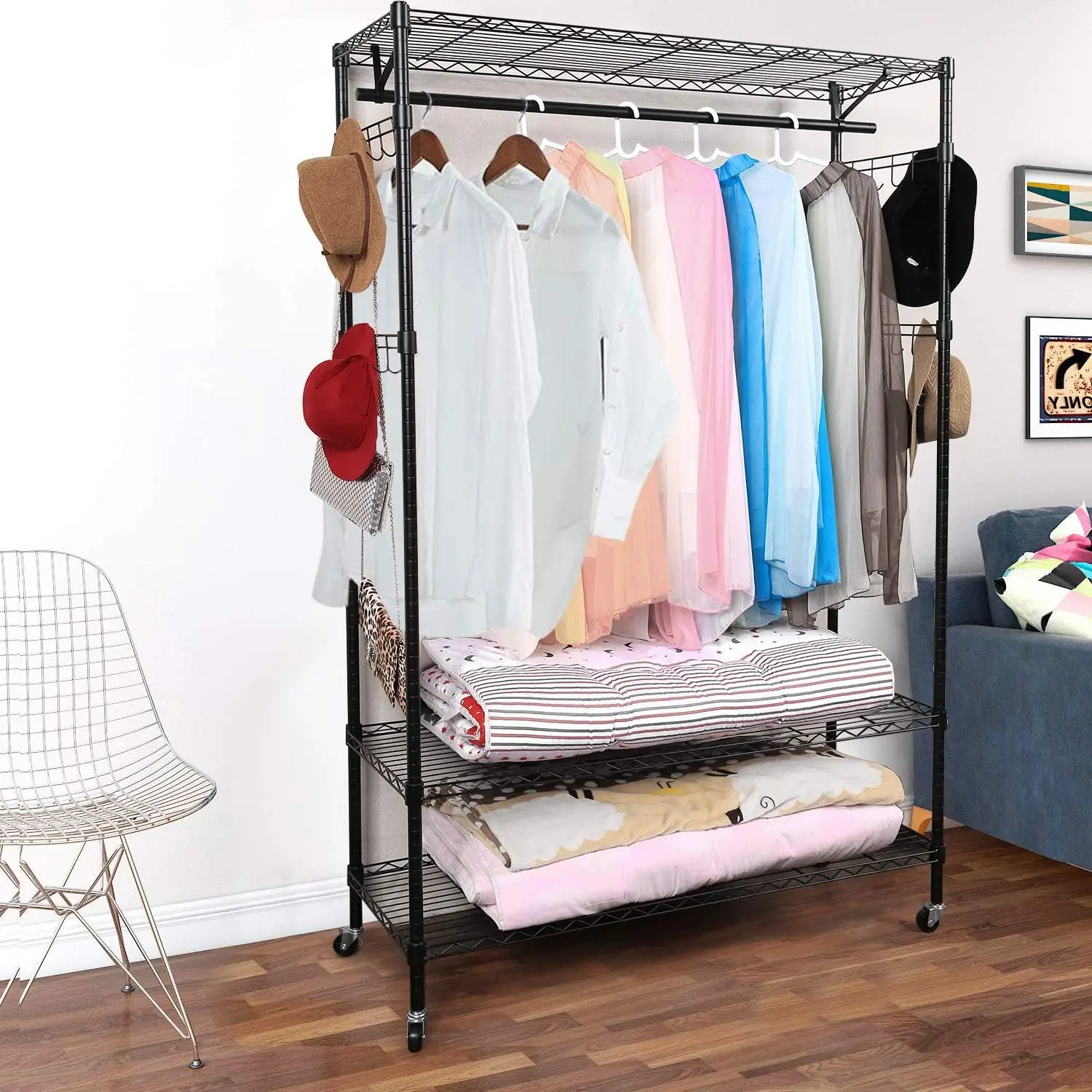 

3-Tiers Big Size Heavy Duty Wire Shelving Unit Garment Rack with Hanger Bar Wheels+2 Pair Side Hooks,Black