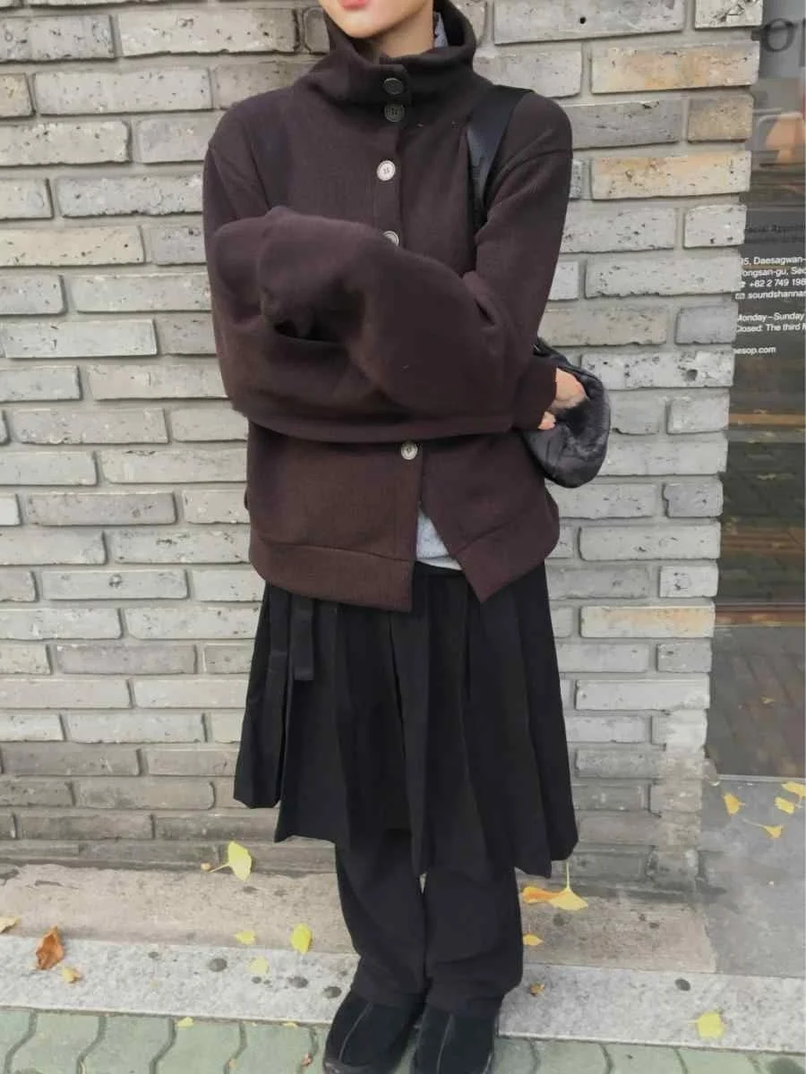 

Unique Street Sle High Collar Button Knitted Sweater Long Open Cardigan Loose Outerwear Korean Version Commute Sle