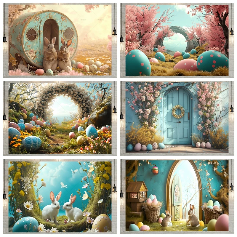 

AI Bunny Easter Backdrops Photography Spring Garden Baby Shower Portrait Photographic Family Party Background Photo Studio Props