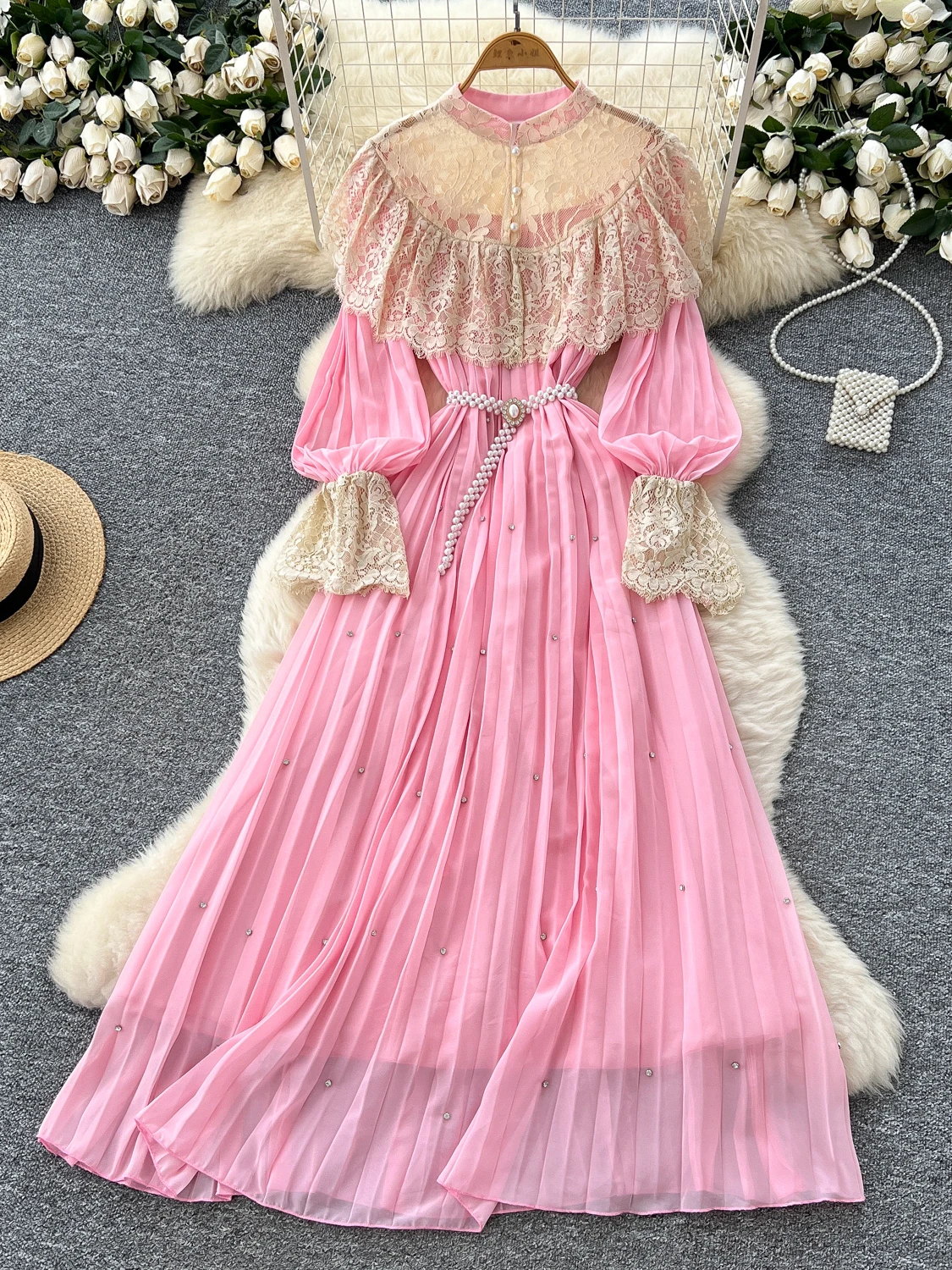 Vestido E com Mangas Lanternas para Mulheres, Vestido Longo de Verão em Renda com Design de Barra em Camadas, Cintura ...