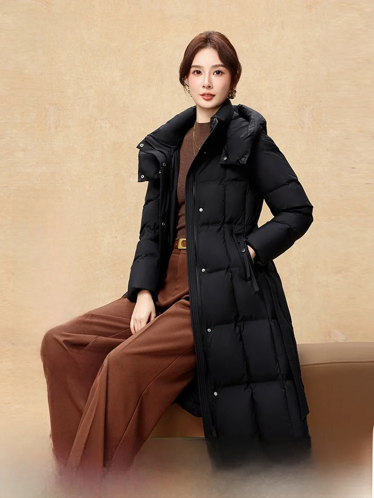 

Ele Long Over-Knee Women's down Jaet Snowy Flng 2026 Spring New Faionable Waist-Cinching Belted High-End Feeling