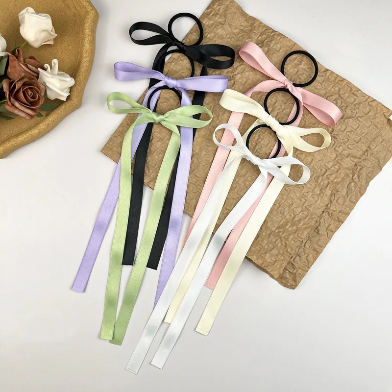 2PCS/Set Long Ribbons Small Bow Ponytail Hair Rope Ties Solid Color Hair Circle Hair Accessories