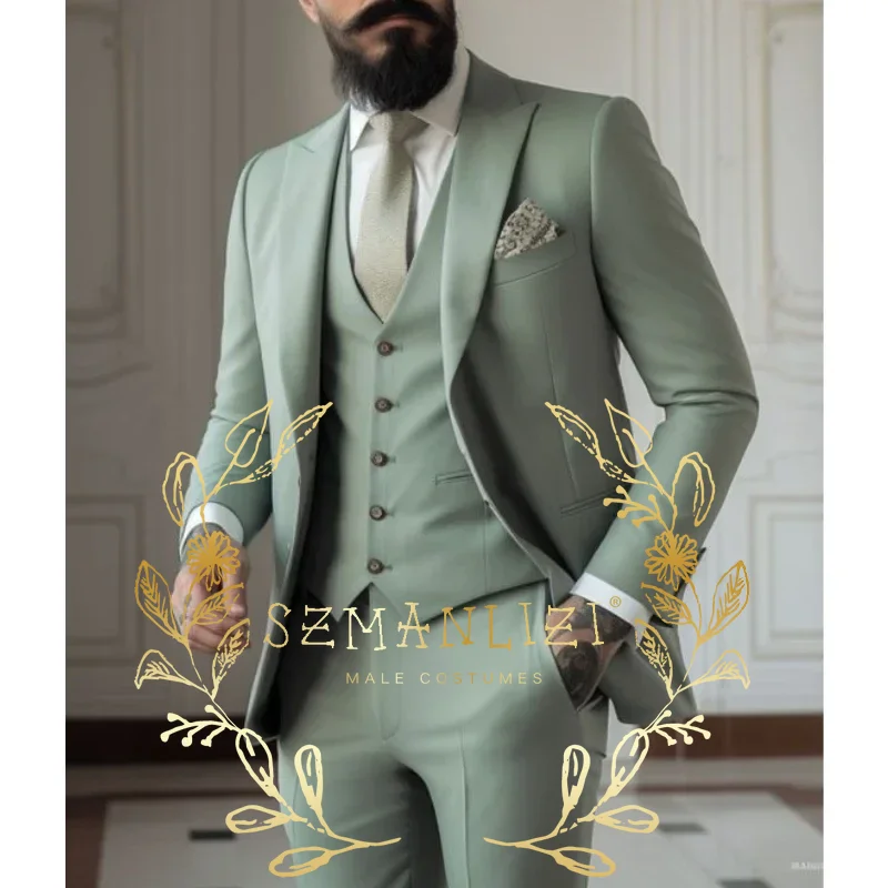 Casual Light Green Wedding Terno Men Suits Groom Costume Jacket Pants Vest Three Piece Slim Fit Costume Masculinos Blazer Sets