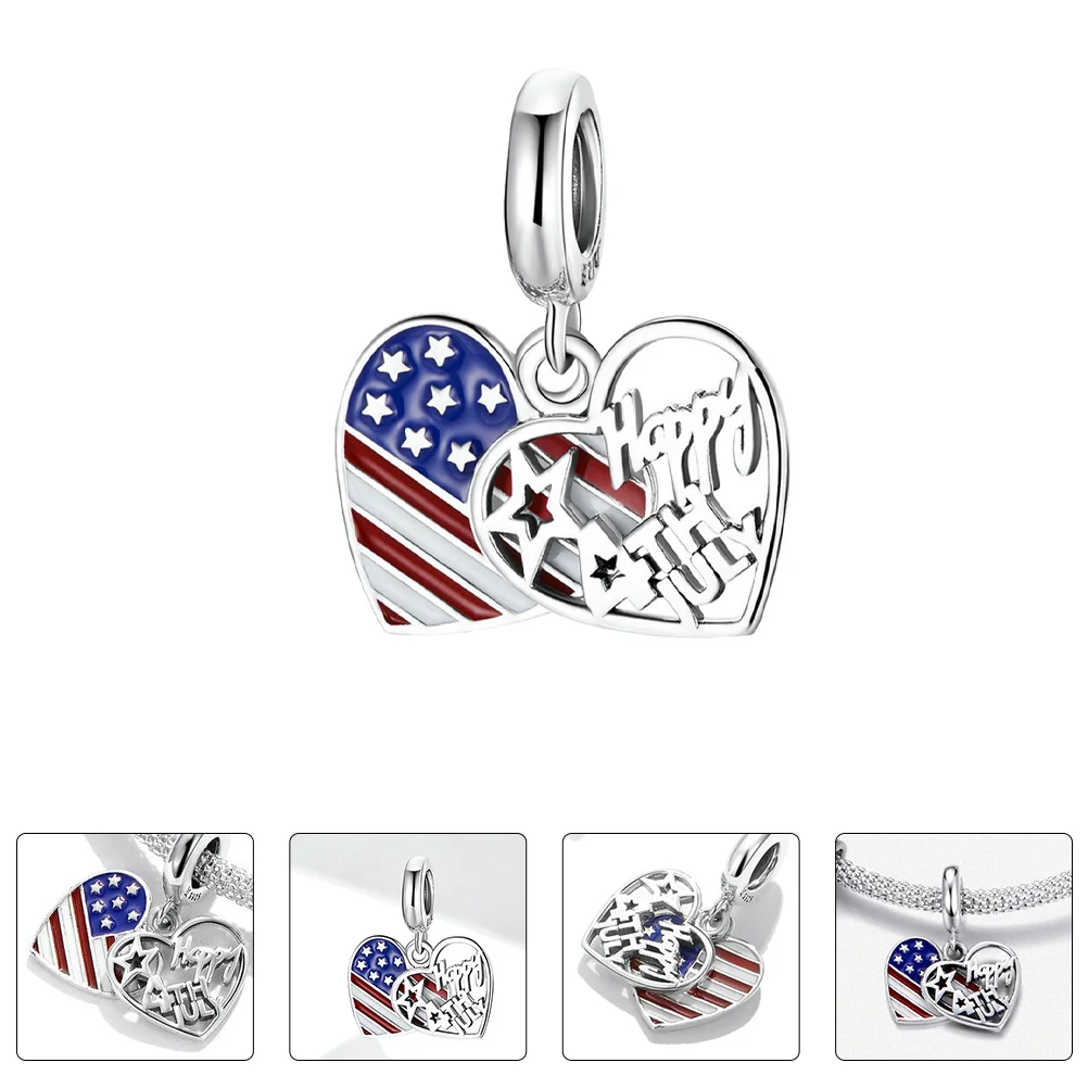 

1pc Heart Shaped American Flag Pendant S925 Sterling Silver Bracelet Lightweight Durable Women Usa Jewelry Charm Accessories