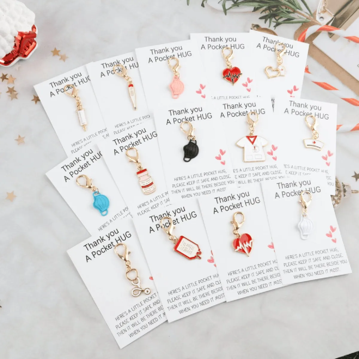 14pcs Medical Keychain Bulk Pack with Thank You Card, Metal Stethoscope Syringe Charm for Nurses Doctors, Hospital Appreciation view 5