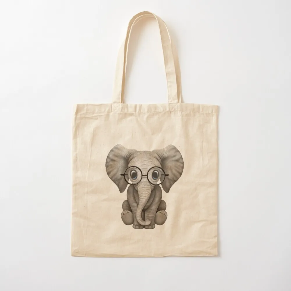 

Cute Baby Elephant Calf with Reading Glasses on Blue Tote Bag Women's bags tote bag men Custom bag Canvas Tote