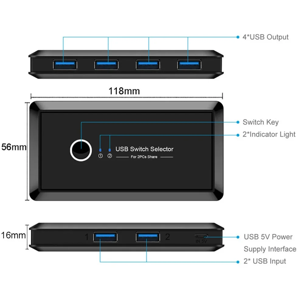 USB KVM-коннектор, USB 3,0 2,0, переключатель-адаптер, 2 порта, совместное использование 4 USB-устройств, быстрая подключение для клавиатуры, мыши, принтера, монитора